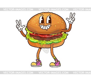 Cartoon fast food hamburger groovy character - vector image