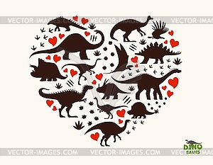 Prehistoric dinosaur silhouettes in heart shape - vector image