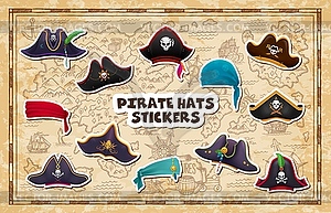Stickers pack of pirate hats, corsair tricorns - color vector clipart