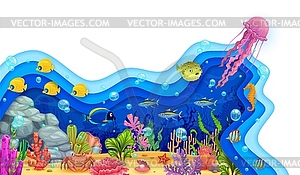 Paper cut sea underwater landscape with jellyfish - vector clip art