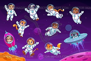 Мультяшные животные-астронавты в космосе, набор - векторный рисунок