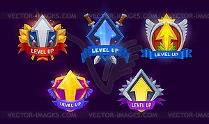 Level up award, reward badges game asset icons - vector clipart