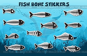 Stickers pack of fish bone skeleton silhouettes - color vector clipart