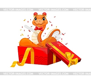 Funny asian horoscope snake in holiday gift box - vector image