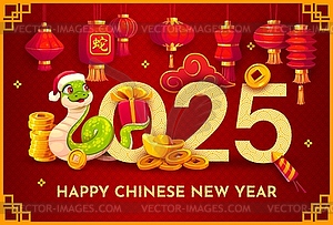 Happy Chinese New Year, funny snake, red lanterns - vector clipart