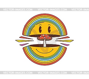 Groovy smile in retro hippie cartoon with mushroom - vector EPS clipart