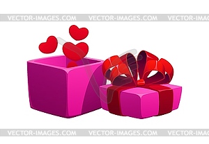 Cartoon open pink gift box with floating hearts - vector clip art