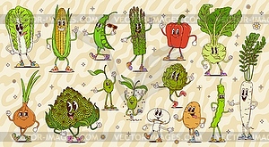 Retro groovy vegetable characters, veggie food - vector image