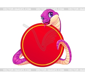 Funny snake character with red round banner - vector image