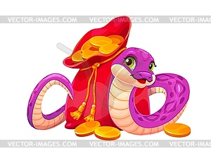 Funny Asian snake character with red money bag - vector clip art