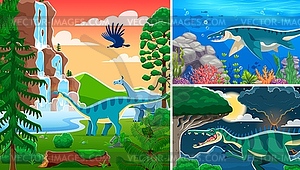 Prehistoric dinosaur and lizard characters collage - vector clipart