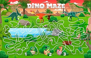 Kid labyrinth maze game, dinosaurs and dino babies - vector clip art