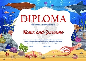 Kids diploma with sea underwater animals - vector clipart