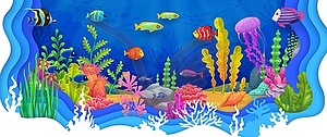 Paper cut underwater landscape, tropical sea fish - vector image