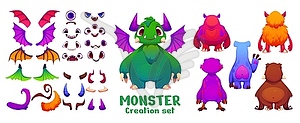 Cartoon monster creation kit, funny evil character - vector clipart
