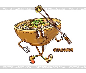 Cartoon retro groovy oyakodon donburi character - vector image