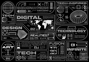 Retro futuristic cyberpunk labels callouts, notes - vector clipart