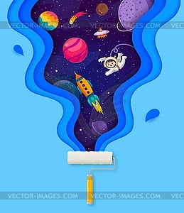 Paper cut space landscape, paint roller and cosmos - vector image