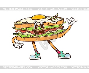 Groovy cartoon hippie sandwich fast food character - color vector clipart