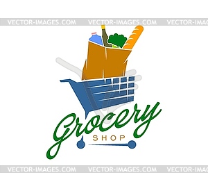 Grocery shop icon, shopping cart with food items - royalty-free vector clipart