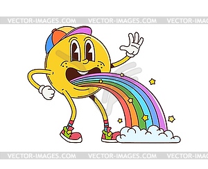 Cartoon retro groovy smile emoji releasing rainbow - color vector clipart