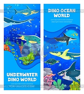 Paper cut banners with ocean dinosaur characters - vector image