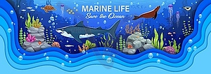 Funny cartoon sea animals at underwater landscape - vector image