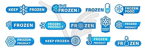 Blue frozen cold product icons, ice crystal labels - vector clipart