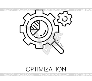 Data analytics, analysis icon, magnifier cogwheel - vector clip art