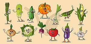Funny groovy vegetable characters with happy faces - vector clip art