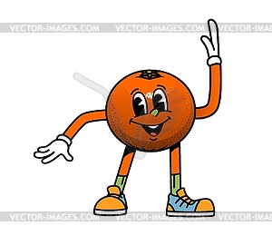 Cartoon groovy orange fruit character, happy face - vector image