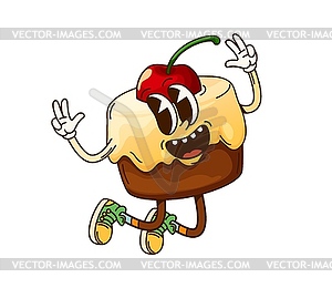 Funny groovy cake character joyfully jumping - vector clip art