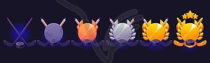 Game level rank badge icons, hockey sticks, pucks - vector image