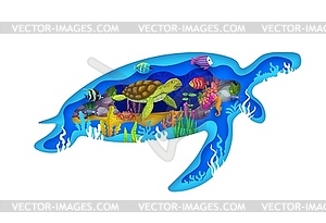 Paper cut underwater landscape, sea turtle frame - vector image