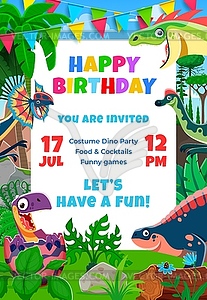 Birthday party flyer of funny dinosaur characters - vector clipart