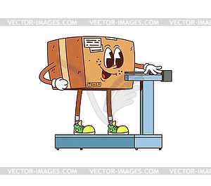 Cartoon groovy delivery box character weighing - vector clipart