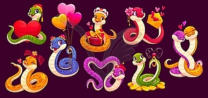 Valentines day funny snake characters with love - royalty-free vector clipart