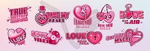 Y2k valentine icons featuring playful pink hearts - color vector clipart