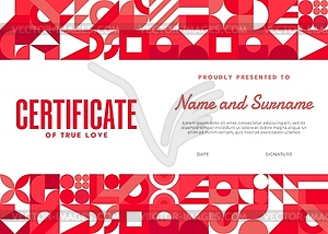 Diploma certificate template with valentines shape - vector image
