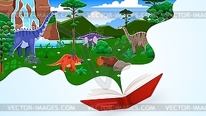 Opened kids book, prehistoric Jurassic dinosaurs - vector clipart