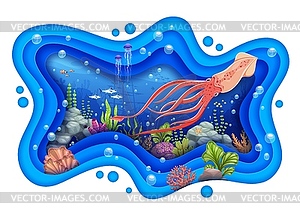 Paper cut underwater landscape with squid and fish - vector image