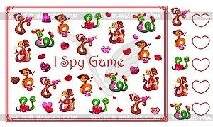 I spy game worksheet, Valentine day snakes, hearts - vector clip art