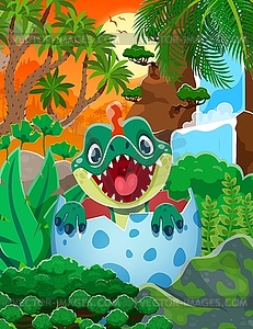 Cartoon dino kid in egg shell, newborn dinosaur - vector image