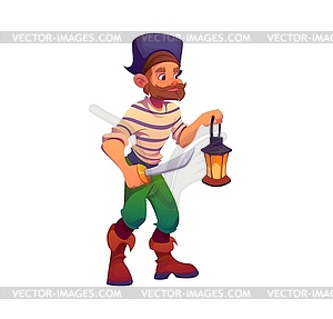 Cartoon pirate or corsair character with lantern - vector image