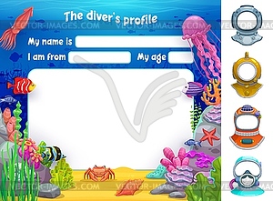 Анкета детского дайвера для участника школы дайвинга - иллюстрация в векторе