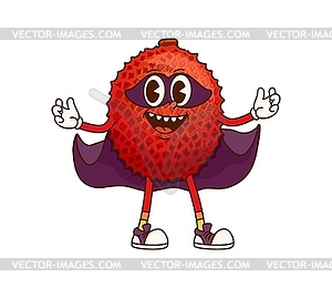 Groovy lychee fruit superhero character in cape - royalty-free vector image