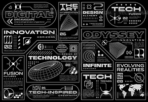Ретро-футуристический киберпанк, брутализм в форме этикеток - векторное изображение EPS