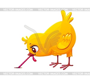 Cartoon chick cheerful character catching worm - vector clipart