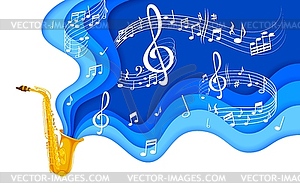 Paper cut saxophone musical background with notes - vector clipart