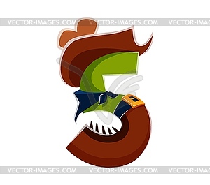 Cartoon number five with cowboy hat, neck scarf - vector image